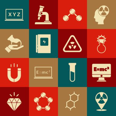 Konum, denklem çözeltisi, test tüpü ve matarası, molekül, elektrik paneli, XYZ koordinat sistemi ve radyasyon ikonlu üçgeni ayarlayın. Vektör