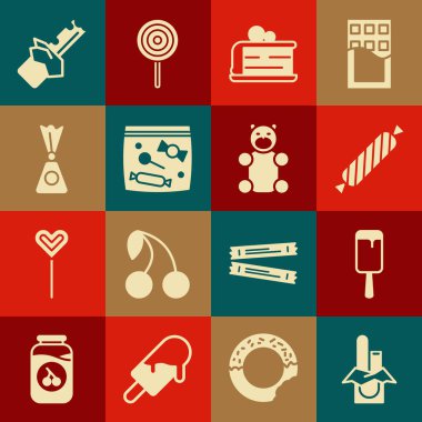 Çikolata, dondurma, şeker, kek, şeker paketi, çikolata ve jöleli şeker ikonu. Vektör