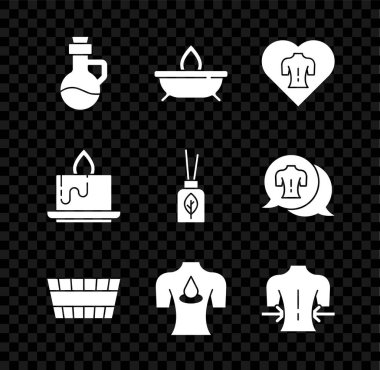 Temel yağ şişesi, Aroma mumu, masaj kovası, aroma yağlı sauna kovası ve difüzör ikonu. Vektör