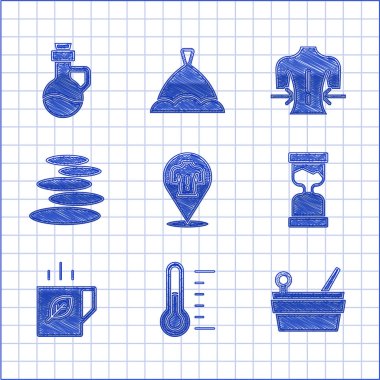 Masaj seti, Sauna termometresi, kova ve kepçe, Eski kum saati, bir fincan çay yaprağı, Yığın sıcak taşlar, ve Temel yağ şişesi ikonu. Vektör