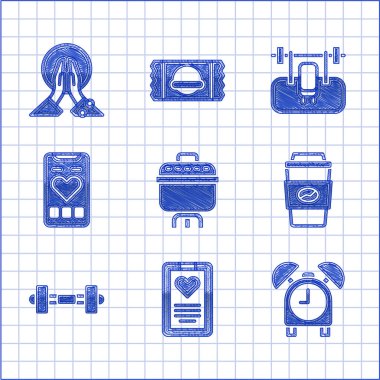 Yemek tenceresi, medikal pano, alarm saati, paket kahve fincanı, kalp atışlı mobil, Bench barbel ve meditasyon ikonu. Vektör