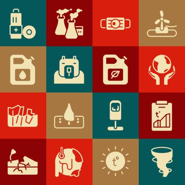 Tornado, küresel ısınma, Dünya 'yı tutan eller, tıbbi koruyucu maske, kutup ayısı kafası, benzin, batarya ve biyoyakıt kutusu ikonu. Vektör