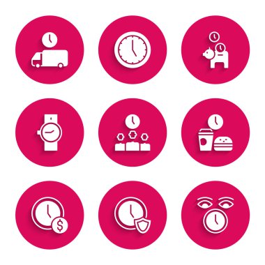 Set Time Management, Rozetli Saat, Fast food zamanı, para, bilek saati, Piggy Bank madeni para ve teslimat ikonu. Vektör