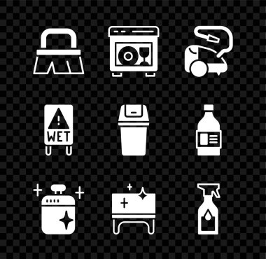 Temizlik için fırça, bulaşık makinesi, elektrikli süpürge, temiz yemek tenceresi, masa, temizlik spreyi, ıslak yer ve çöp tenekesi ikonu. Vektör