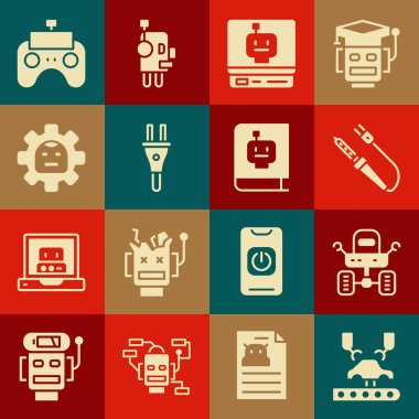 Robot kolu fabrikaya, Mars aracına, lehim demirine, elektrik prizine, uzaktan kumandaya ve kullanıcı manuel ikonuna ayarlayın. Vektör