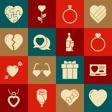 Set Heart, Flört uygulaması, evlilik yüzükleri, elmas nişan, konuşma balonu, kırık kalp ve şampanya şişesi ikonu. Vektör