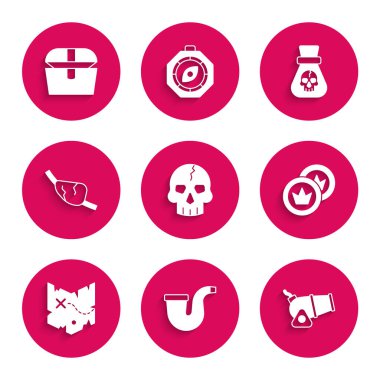 Set Kafatası, Tütsü piposu, Top, Korsan madeni para, hazine haritası, göz bandı ve antika göğüs simgesi. Vektör