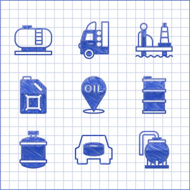 Yakıt ikmali, yedek tekerlek, yağ deposu, varil yağı, propan gazı motor, platform denizi ve ikon için teneke kutu ayarlayın. Vektör