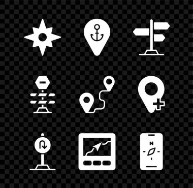Rüzgar gülünü ayarla, çapalı konum, trafik ışığı, geri dönüş yolu, GPS haritası, pusula mobil, bariyer ve rota simgesi. Vektör