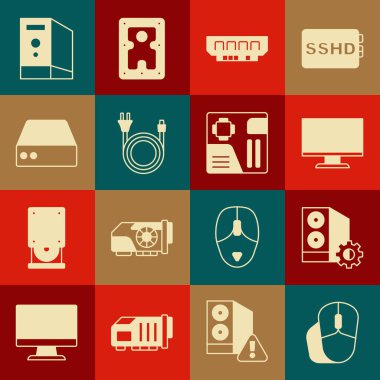 Bilgisayar faresi, Bilgisayar Vakası, monitör ekranı, RAM, rastgele erişim belleği, Elektrik prizi, Sunucu, Data, Web Sunucusu ve Anakart dijital çip simgesini ayarla. Vektör