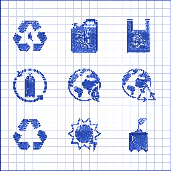 Zestaw Ziemia Globus Liść Panel Energii Słonecznej Sprout Butelce Planeta — Wektor stockowy