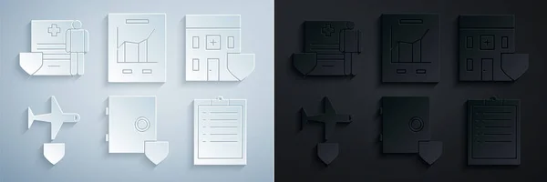 Set Caja Fuerte Con Escudo Edificio Del Hospital Médico Plano — Vector de stock