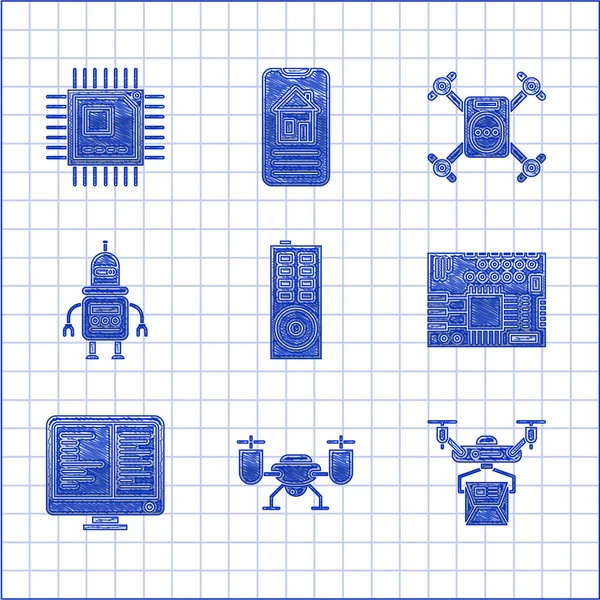 リモートコントロール アクションカメラ付きドローン飛行 デリバリーコンセプト プリント基板Pcb コンピュータモニタ画面 ロボット およびプロセッサマイクロ回路Cpuアイコンを設定します ベクトル — ストックベクタ