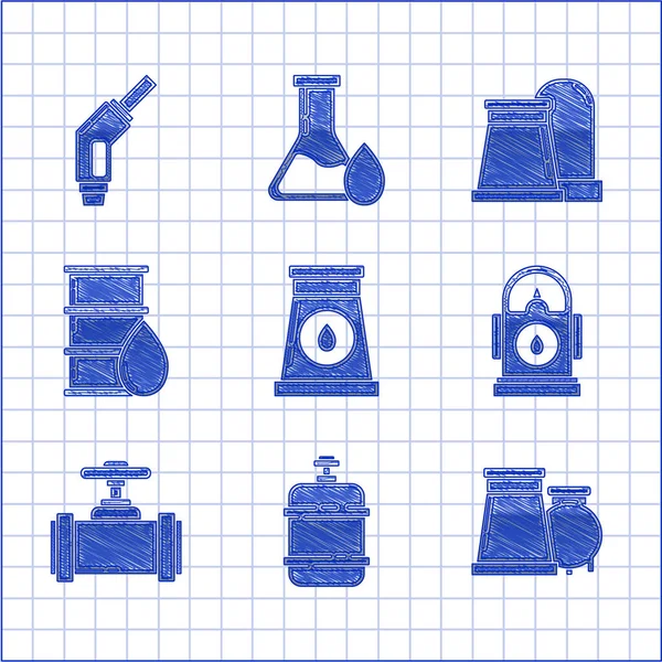 Set Edificio Fábrica Industrial Petróleo Gas Tanque Propano Gasolinera Válvula — Vector de stock