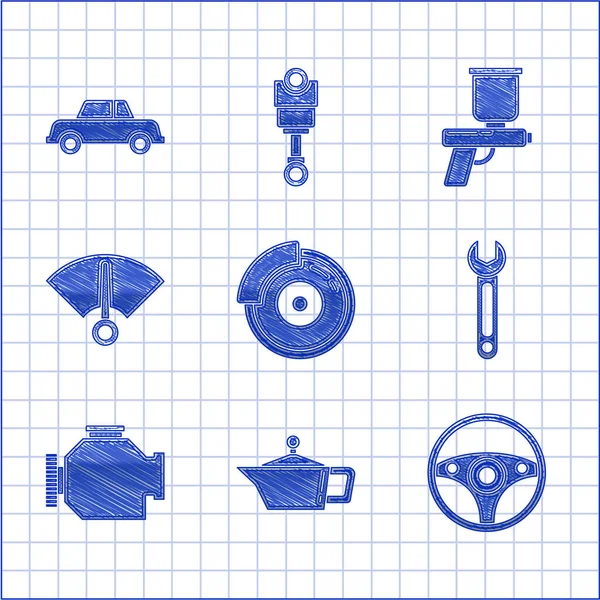 Set Car Brake Disk Caliper Canister Motor Machine Oil Steering — Stock Vector