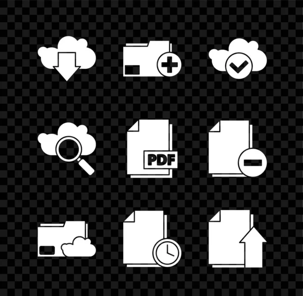 设置云下载 添加新文件夹 带有检查标记 存储文本文档 文档时钟 上传文件 搜索云计算和Pdf图标 — 图库矢量图片