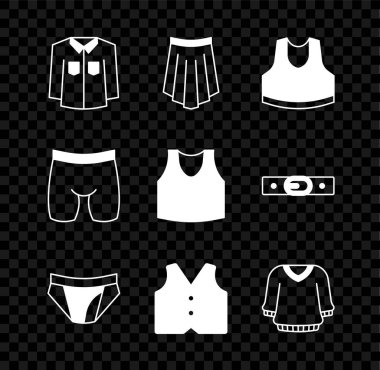 Tişört, etek, atlet, erkek iç çamaşırı, yelek, süveter, bisiklet şortu ve ikon. Vektör