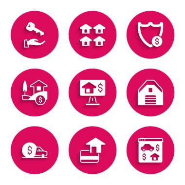 Çevrimiçi gayrimenkul, kredi kartı, garaj, araba kiralama, dolarlı ev, kalkan ve anahtar ikonu. Vektör