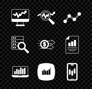 Grafik grafiği, Arama veri analizi, grafik bilgisi, dizüstü bilgisayar, finansal büyüme, mobil hisse senedi ticareti, sunucu ve dolar simgesi ile monitörü ayarla. Vektör