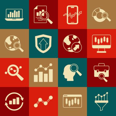 Çizelge, iş arama, borsa büyüme grafikleri, mobil hisse senedi ticareti, Finansal, Arama küresi, dizüstü bilgisayar ve simge içeren satış hunilerini ayarlayın. Vektör