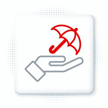 Çizgi Şemsiyesi 'nin el simgesi beyaz arkaplanda izole edildi. Sigorta konsepti. Su geçirmez ikon. Koruma, güvenlik, güvenlik kavramı. Renkli taslak konsepti. Vektör