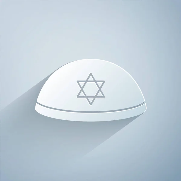 Papier découpé kippah juif avec étoile de david icône isolée sur fond gris. Chapeau yarmulke juif. Style art du papier. Vecteur — Image vectorielle