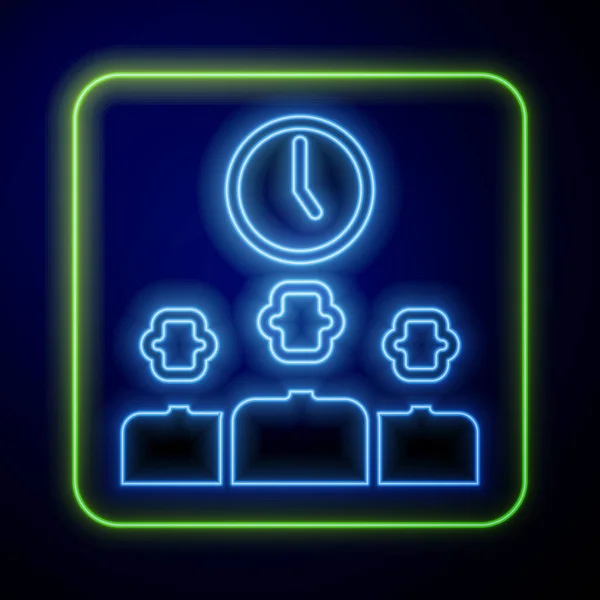 Leuchtendes neonfarbenes Zeitmanagement-Symbol isoliert auf blauem Hintergrund. Uhr und Schaltzeichen. Produktivitätssymbol. Vektor — Stockvektor