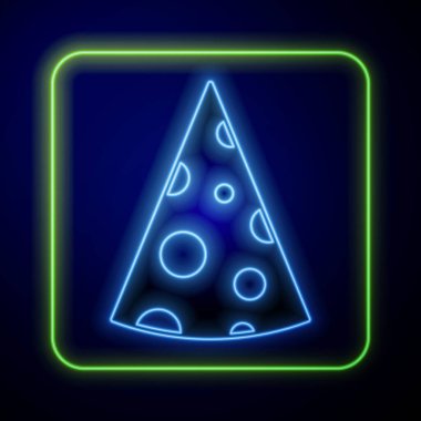 Mavi arka planda parlayan neon peynir simgesi izole edildi. Vektör