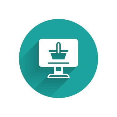 Ekran bilgisayarındaki beyaz alışveriş arabası uzun gölgeli arka planda izole edilmiş. Konsept e-ticaret, e-ticaret, online iş pazarlama. Yeşil daire düğmesi. Vektör