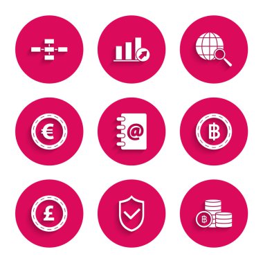 Adres Defteri, İşaretli Kalkan, Şifreli Para Bitcoin, Sikke Para Sterlin Sembolü, Avro, Büyüteç Cam Küre ve İş hiyerarşisi organizogramı bilgi grafiği simgesi. Vektör