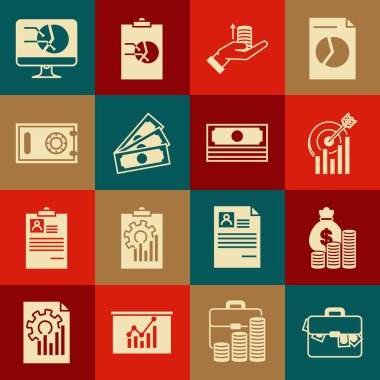 Çantayı, parayı, para çantasını, grafikli hedefi, el, kağıt paraları, kasayı, bilgisayar monitörünü ve simgeyi ayarla. Vektör