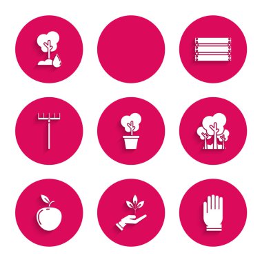 Ağacı tencereye koy, çevre korumasının bitki eli, bahçe eldivenleri, ağaçlar, elma, tırmık, ahşap kutu ve su ikonu. Vektör