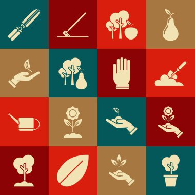 Ağacı tencereye koy, bahçe küreğini kürekle, elmayla, armutla, çevre korumasının filizli eliyle, budamak için el yapımı makasla ve eldiven ikonuyla. Vektör