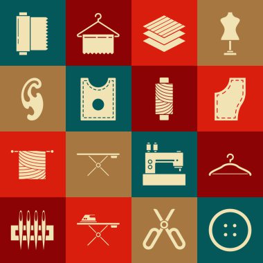 Elbiseler için dikiş düğmesi, elbise dolabı, desen, tekstil kumaş rulosu, Fransız eğrileri ve iplik makarası simgesi ayarla. Vektör