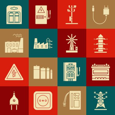 Yüksek voltajlı elektrik direği hattı, araba aküsü, elektrik santrali ve fabrika, kömür, pil ve rüzgar türbini ikonu ayarlayın. Vektör