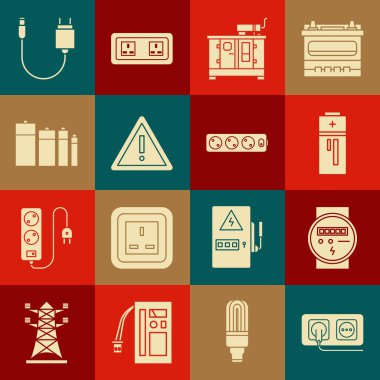 Elektrik prizi, sayaç, pil, dizel güç jeneratörü, üçgen, şarj aleti ve uzatma kablosu simgesine ünlem işareti koyun. Vektör