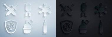 El bombası, polis rozeti, hedef sporu, kurşun, havacılık bombası ve çapraz ortaçağ kılıç ikonu. Vektör