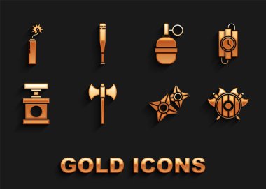 Ortaçağ baltası, dinamit çubuğu ve zamanlayıcı ayarlayın, çapraz baltalı kalkan, Japon ninja shuriken, el bombası, dinamit bombası ve beysbol sopası ikonu. Vektör