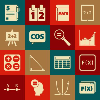 Fonksiyon matematiksel sembolü, Grafik, zamanlama, grafik, diyagram, Matematik, Matematik fonksiyonu kosinüs, Tebeşir tahtası, Test sınav kağıdı ve kalem ve Hesap simgesini ayarla. Vektör