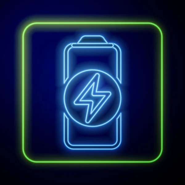 Świecący neon Wskaźnik poziomu naładowania baterii ikona izolowana na niebieskim tle. Wektor — Wektor stockowy