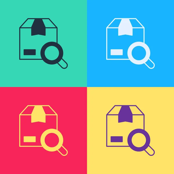 Pop art Search package icon isolated on color background. Parcel tracking symbol. Magnifying glass and cardboard box. Logistic and delivery. Vector — Stock Vector