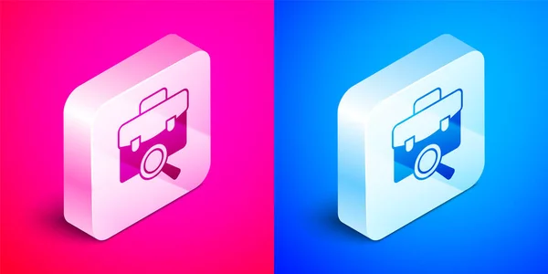 Isometric Magnifying glass with briefcase icon isolated on pink and blue background. Job hunting. Work search concept. Unemployment, head hunting, career. Silver square button. Vector — Stock Vector