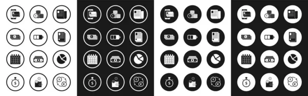 Imposta documento File, indicatore del livello di carica della batteria, Pile denaro cartaceo, Cellulare e carta di credito, Moneta con simbolo dollaro, Infografica grafico a torta e icona del calendario. Vettore — Vettoriale Stock