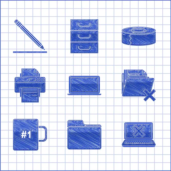 Définissez Ordinateur portable, Dossier de document et marque croisée à l'écran, Supprimer, tasse à café, imprimante, scotch et crayon avec l'icône de ligne gomme. Vecteur — Image vectorielle