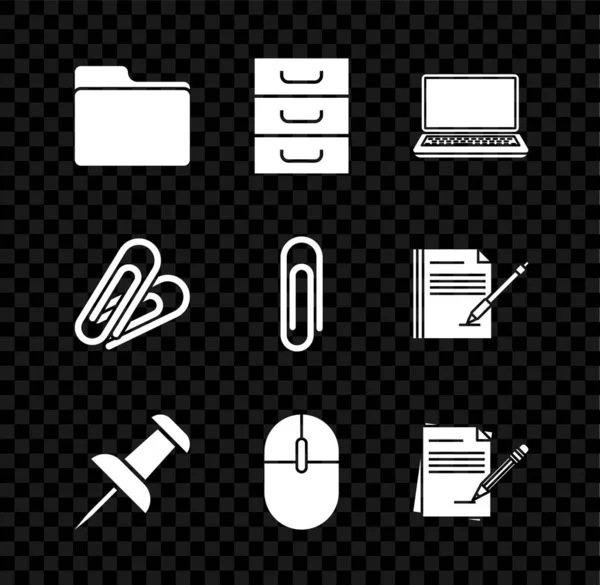 Establecer carpeta de documento, cajón con documentos, Ordenador portátil, Push pin, ratón de ordenador, Cuaderno en blanco y borrador de lápiz, clip de papel y el icono. Vector — Vector de stock