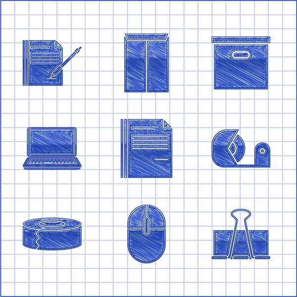 Set File document, Computer mouse, Binder clip, Scotch, Laptop, Carton cardboard box, Blank notbook and pen icon. Вектор — стоковий вектор