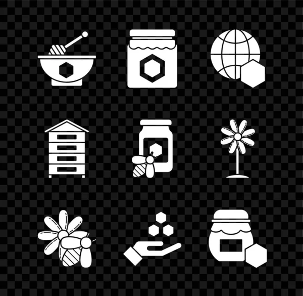 Set Honiglöffel und Schale, Honigglas, Wabenkarte der Welt, Bienenblume, Hand, Bienenstock mit Symbol. Vektor — Stockvektor
