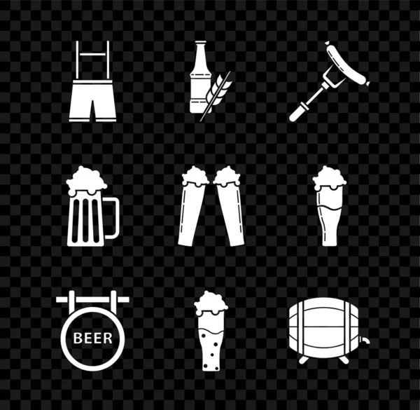 Set Lederhosen, Botella de cerveza, Salchicha en la bifurcación, Letrero de calle con inscripción, Vaso de cerveza, Estante de barril de madera stopcock, taza e icono. Vector — Vector de stock