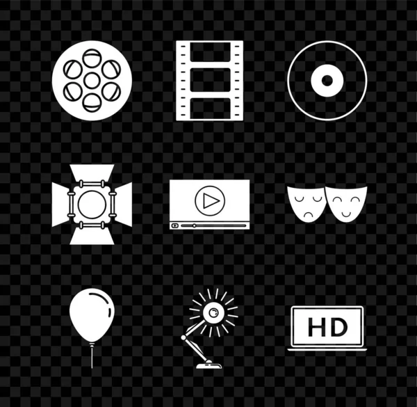 Set Film reel, Play Video, CD or DVD disk, Balloon with ribbon, Table lamp, Laptop screen HD video technology, Movie spotlight and Online play icon. Vector — Stock Vector