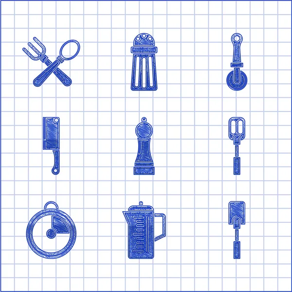 Set Peper, Theepot, Spatel, Keuken timer, Meat chopper, Pizza mes en gekruiste vork en lepel pictogram. Vector — Stockvector
